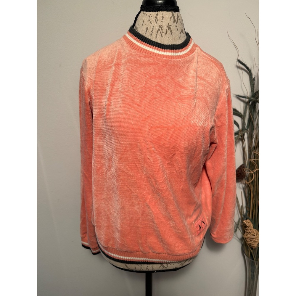 Armani Exchange‎ Velour Crewneck Sweatshirt Coral Ribbed Trim Logo Women